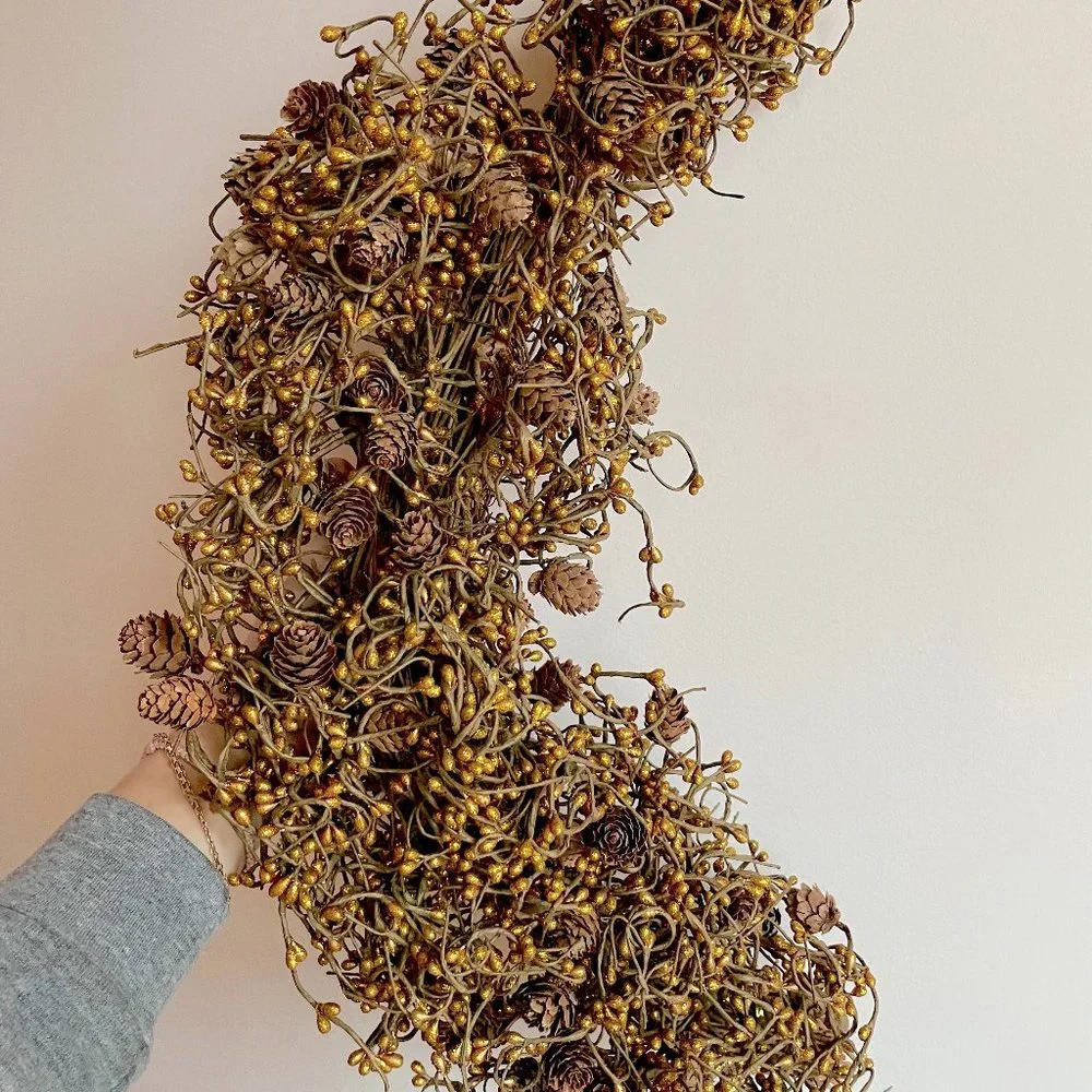 Anthropologie Gold Glittered Garland Wreath with Pinecones Christmas Tree Trim